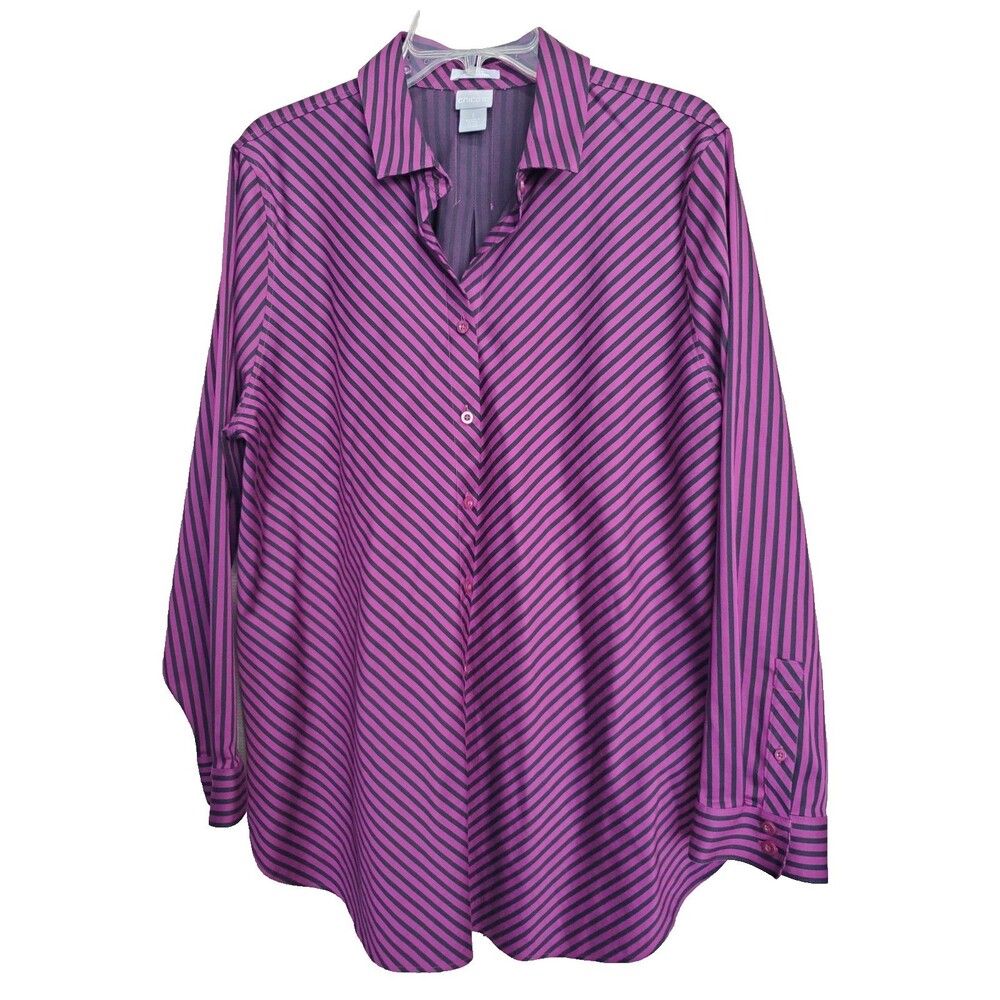 Chico's No Iron Chic Stretch Purple with Black Stripes Button-Up Tunic 3 (XL)